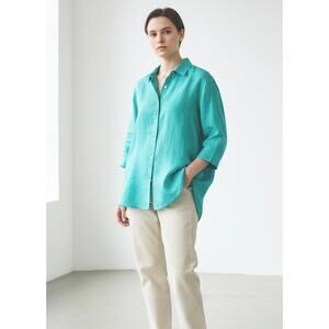 Foxcroft Linen Button Front Tunic 3/4 Sleeves Women's 12 Aqua Blue Lagenlook